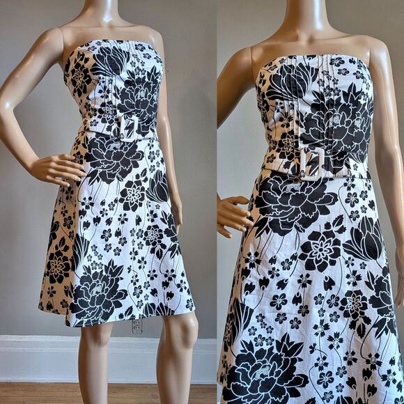 Vintage Y2K Be Smart Strapless Mini Dress Floral Belted Cotton Twee Size 10 - Picture 1 of 9
